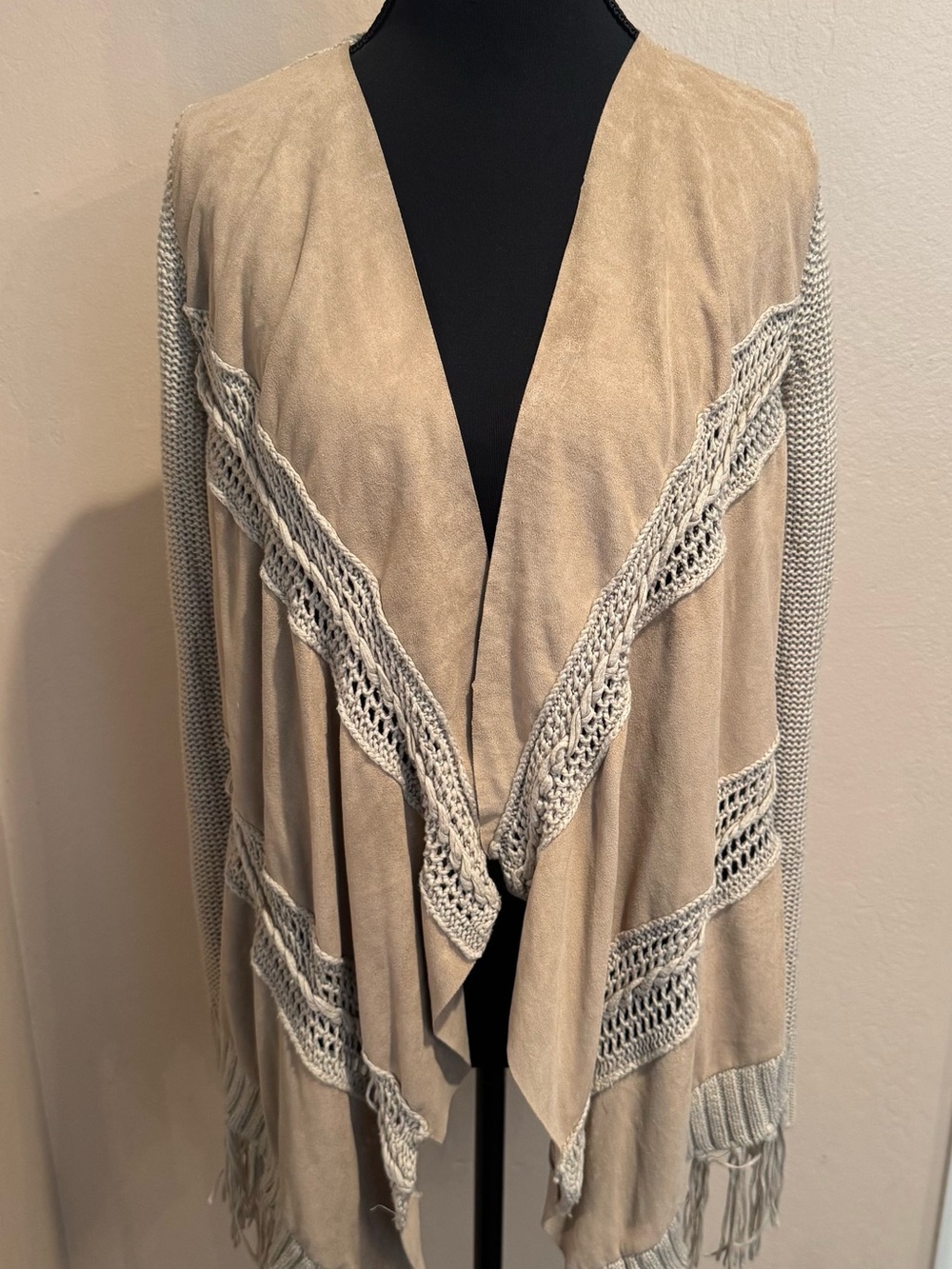 INC Boho Western Vibe Beige Knitted Crochet & Faux Suede Panels With Fringe Hem